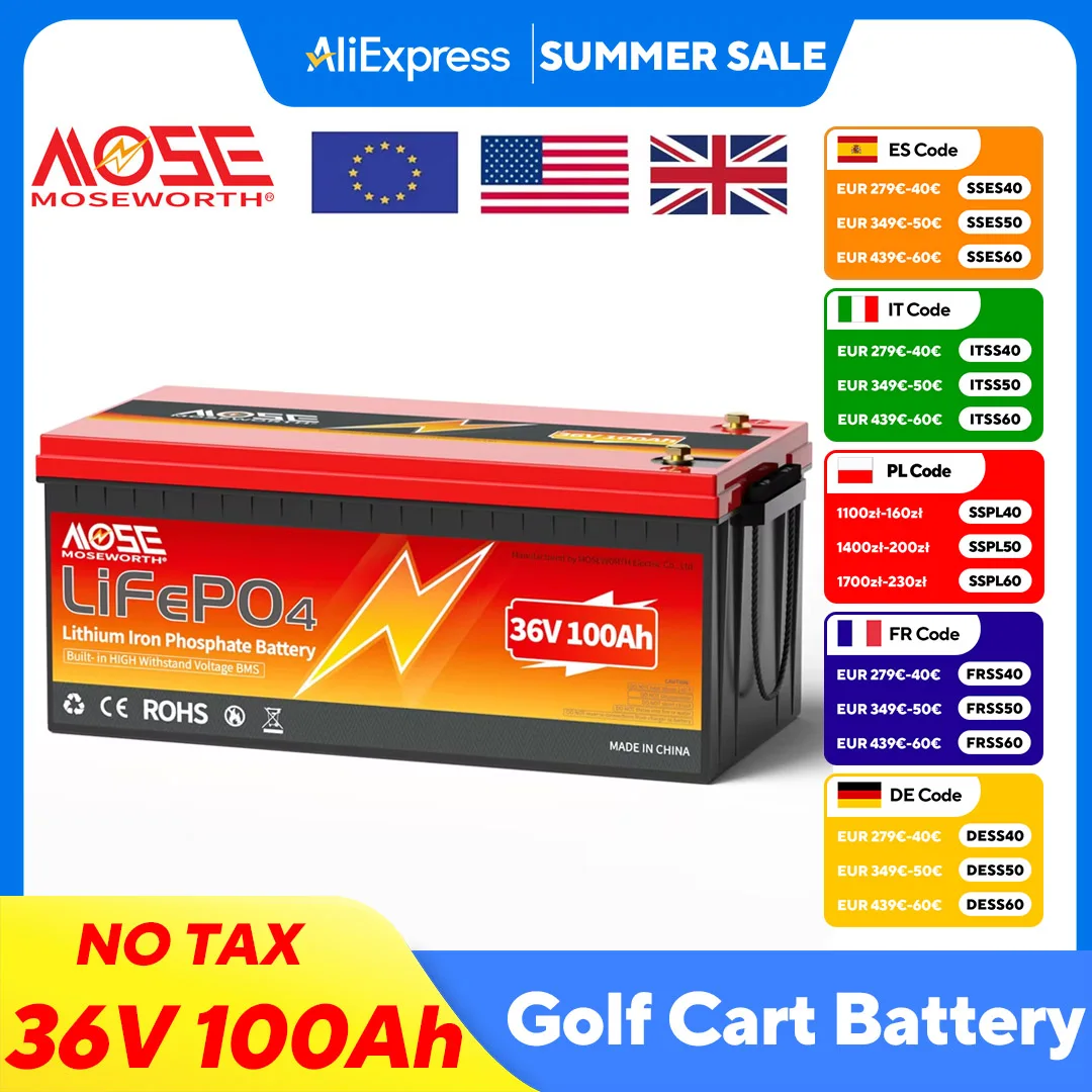 36V Lithium Golf Cart Battery 36V 100Ah LiFePO4 Battery Built-in Bluetooth 200A BMS Perfect for Golf Carts Trolling Motor Marine
36V Lithium Golf Cart Battery 36V 100Ah LiFePO4 Battery Built-in Bluetooth 200A BMS Perfect for Golf Carts Trolling Motor Marine