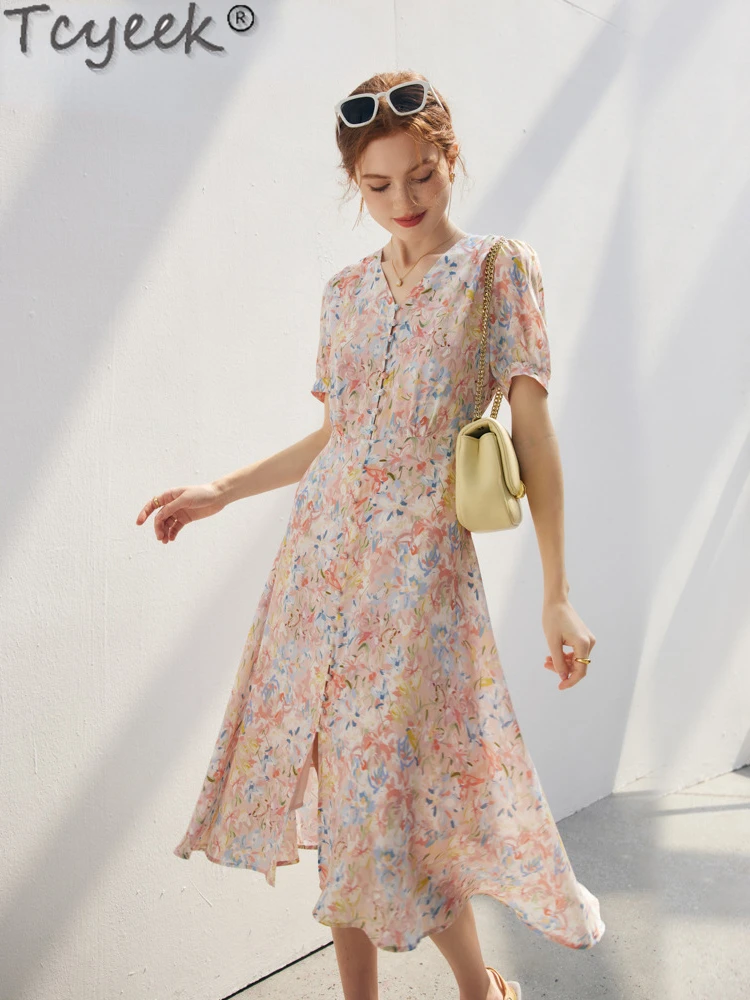 Tcyeek Women Floral Dresses 100%Silk Crepe V Neck High Waist Long Dress 2023 Spring Summer Beach Style Clothes Pink Blue
Tcyeek Women Floral Dresses 100%Silk Crepe V Neck High Waist Long Dress 2023 Spring Summer Beach Style Clothes Pink Blue