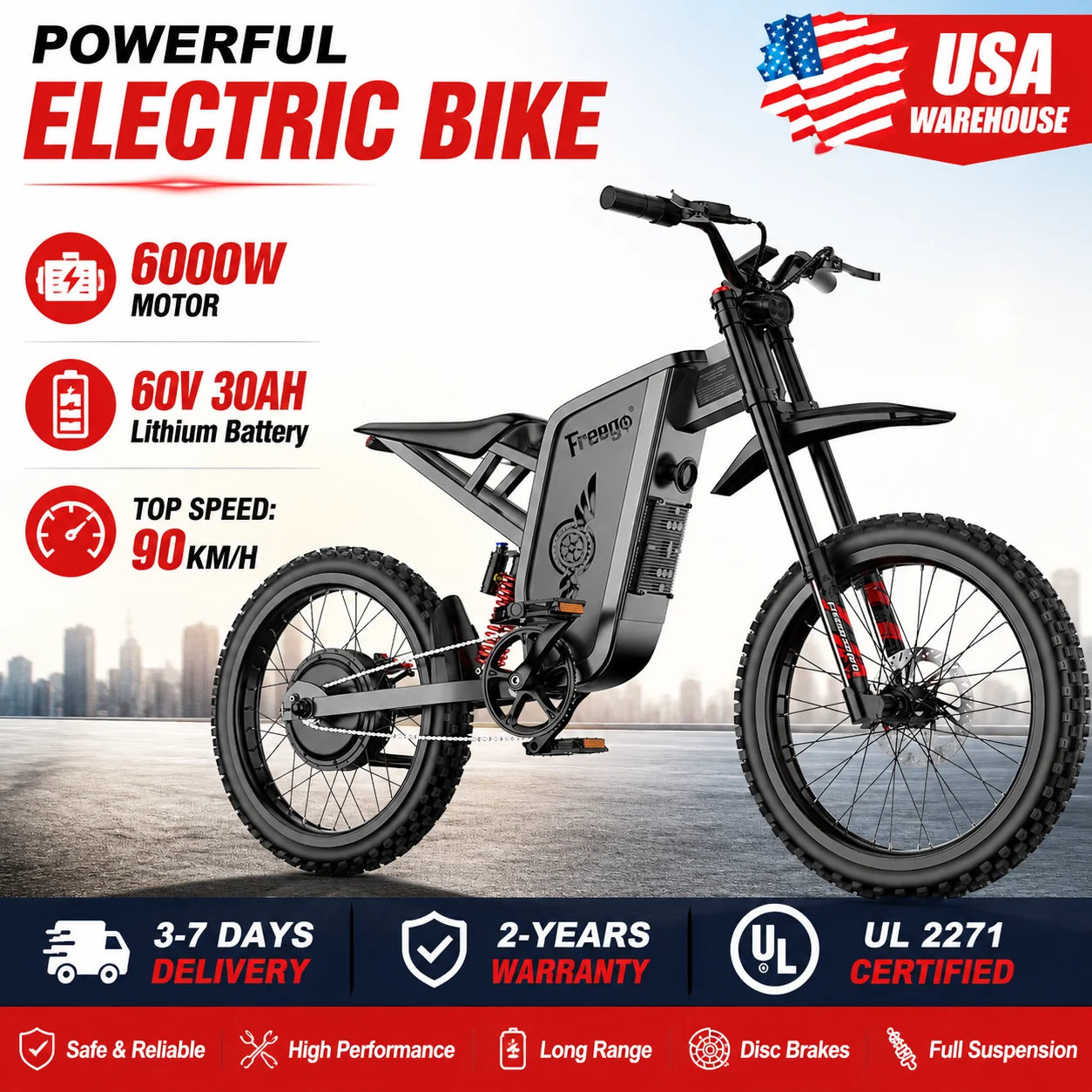 Freego X2 Pro Electric Dirt Bike for Adults 6000W Motors 60V 30AH Lithium Battery 7 Speed 50MPH Off Road Ebike +2 Year Warranty
Freego X2 Pro Electric Dirt Bike for Adults 6000W Motors 60V 30AH Lithium Battery 7 Speed 50MPH Off Road Ebike +2 Year Warranty