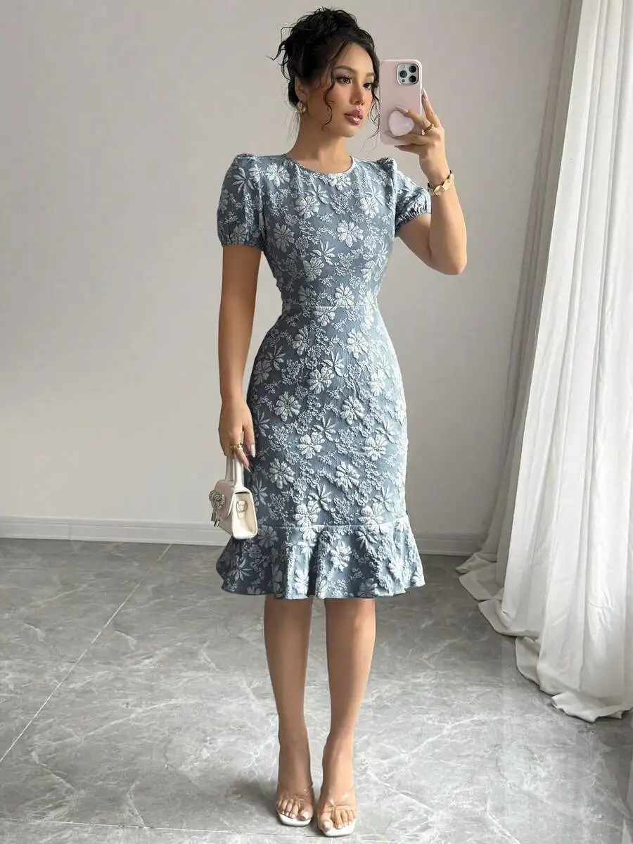 Floral Embroidered Jacquard Midi Dress With Puffed Sleeves, Round Neck, And Ruffled Hem For Casual Or Holiday Wear
Floral Embroidered Jacquard Midi Dress With Puffed Sleeves, Round Neck, And Ruffled Hem For Casual Or Holiday Wear