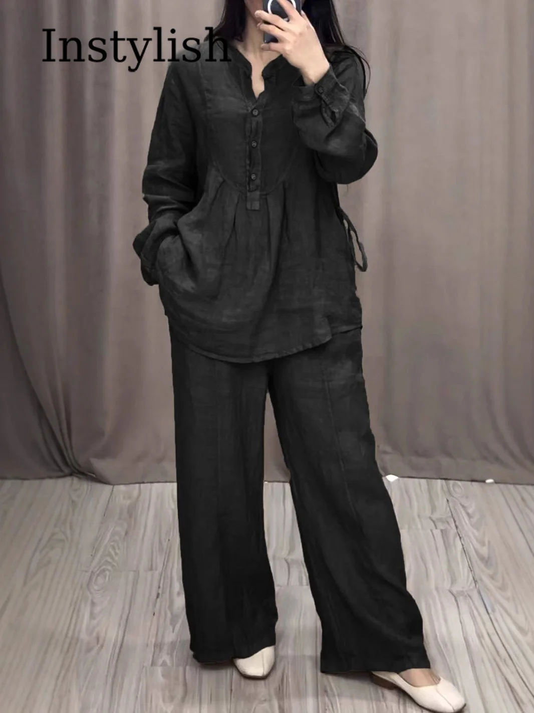 Women Linen 2 Piece Outfit Set V Neck Button Long Sleeve Blouse Wide Leg Pants Casual Loose Solid Black Loungewear Spring Fall
Women Linen 2 Piece Outfit Set V Neck Button Long Sleeve Blouse Wide Leg Pants Casual Loose Solid Black Loungewear Spring Fall