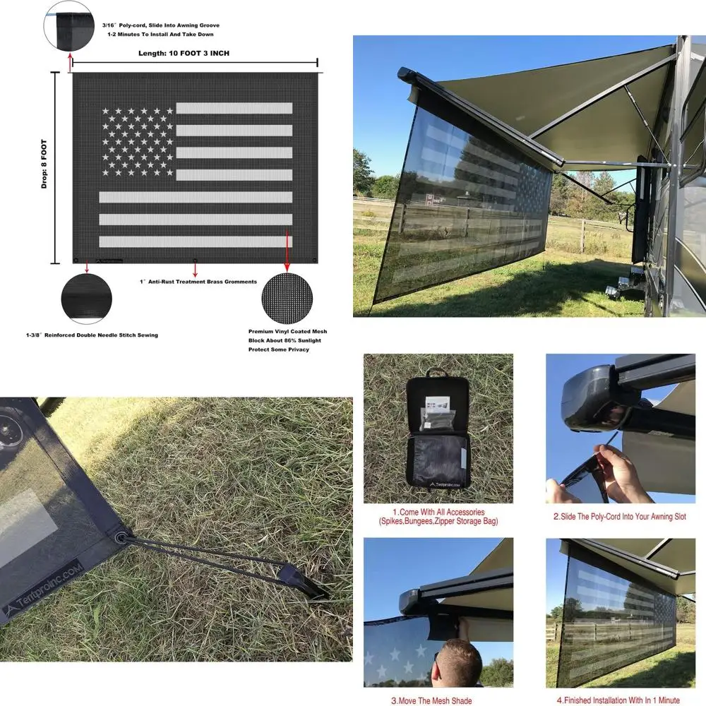 RV Awning Sun Shade Screen 8' X 10' 3'' (American Flag) Black Mesh Sunshade Camper Trailer Awning Shade Screen UV Blocker Comple
RV Awning Sun Shade Screen 8' X 10' 3'' (American Flag) Black Mesh Sunshade Camper Trailer Awning Shade Screen UV Blocker Comple