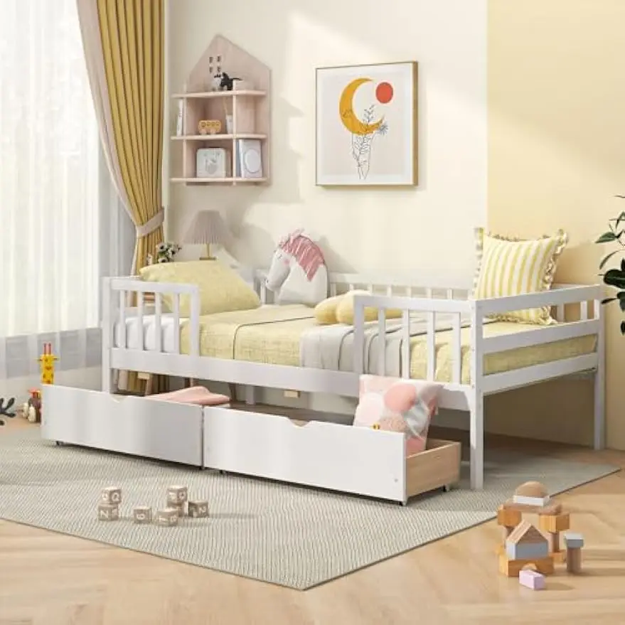 Twin Kids Bed with Storage Drawers, Wood Bed with Rails & Side Shelf, Montessori Low DayBed, No Box Spring Needed, White
Twin Kids Bed with Storage Drawers, Wood Bed with Rails & Side Shelf, Montessori Low DayBed, No Box Spring Needed, White