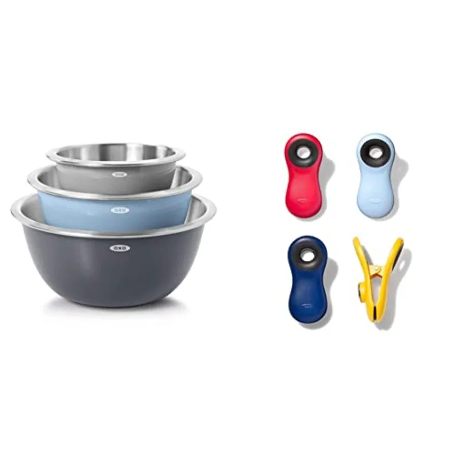Kitchen stainless steel mixing bowls set with bag clips, silver, non-slip grips and stackable design
Kitchen stainless steel mixing bowls set with bag clips, silver, non-slip grips and stackable design