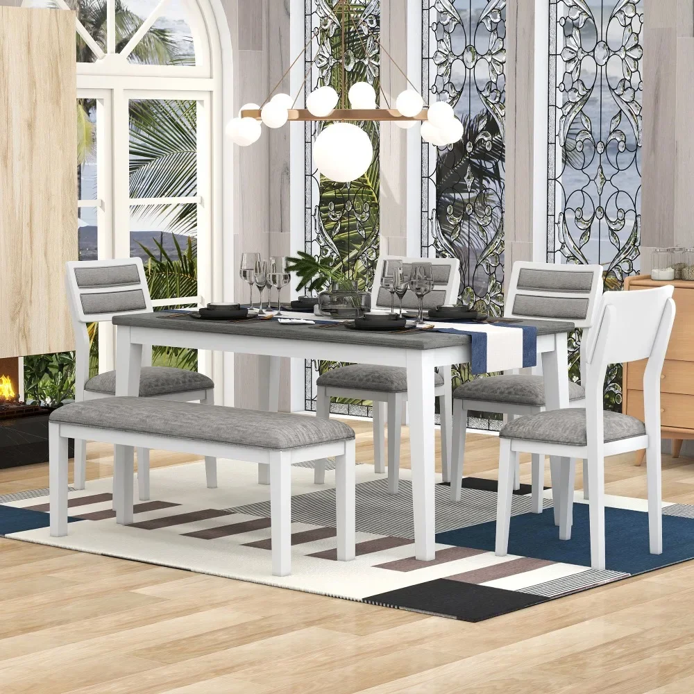 6 - Piece Dining Set, Includes Dining Table, 4 Upholstered Chairs & Bench (White+Gray), Dining Room Sets
6 - Piece Dining Set, Includes Dining Table, 4 Upholstered Chairs & Bench (White+Gray), Dining Room Sets