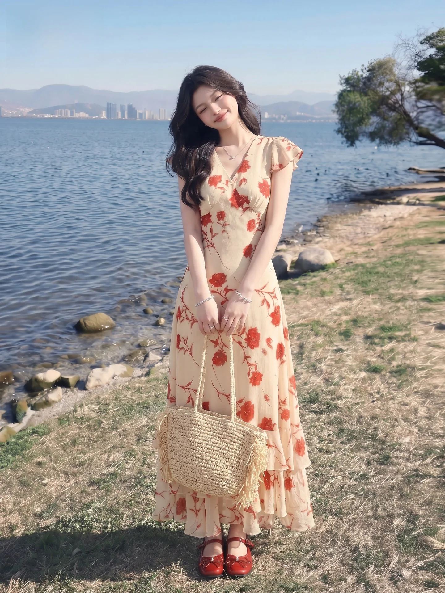 Elegant Long Dress Women's V-neck Floral Print Puffy Sleeve Waist-cinching Summer Slimming Hemline Casual Style A-line Skirt
Elegant Long Dress Women's V-neck Floral Print Puffy Sleeve Waist-cinching Summer Slimming Hemline Casual Style A-line Skirt