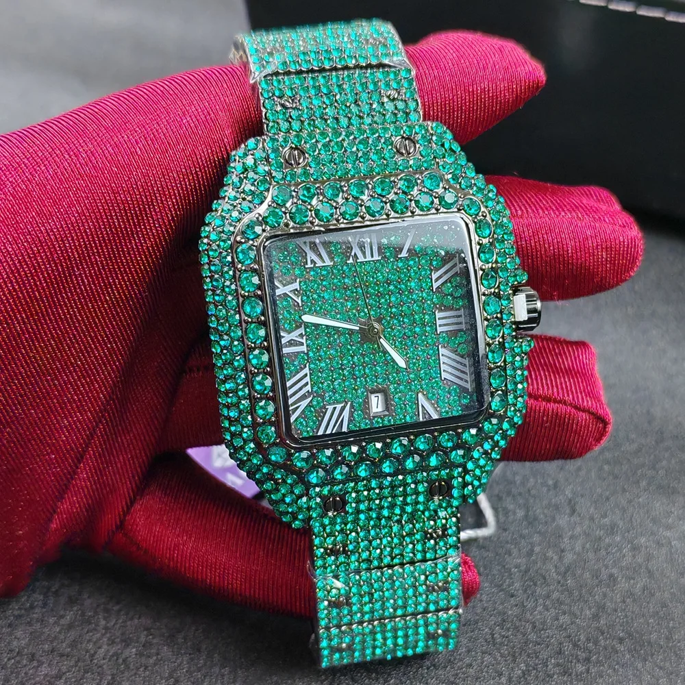Hip Hop Luxury Brand Mens Silver Stainless Steel Quartz Watch Full Green Blue Diamonds Rectangle AAA Quality Fashion Watch Men
Hip Hop Luxury Brand Mens Silver Stainless Steel Quartz Watch Full Green Blue Diamonds Rectangle AAA Quality Fashion Watch Men