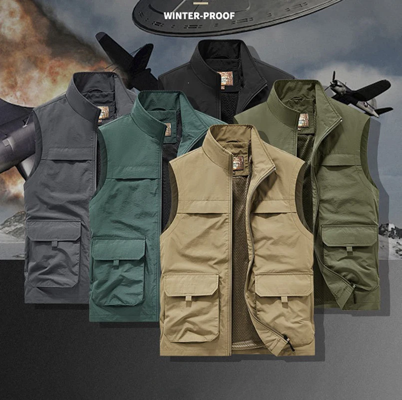 Outdoor Workwear Multi Pocket Vest Men's Spring Summer Thin Breathable Mesh Stand Up Collar Sleeveless Fishing Vest Jacket
Outdoor Workwear Multi Pocket Vest Men's Spring Summer Thin Breathable Mesh Stand Up Collar Sleeveless Fishing Vest Jacket