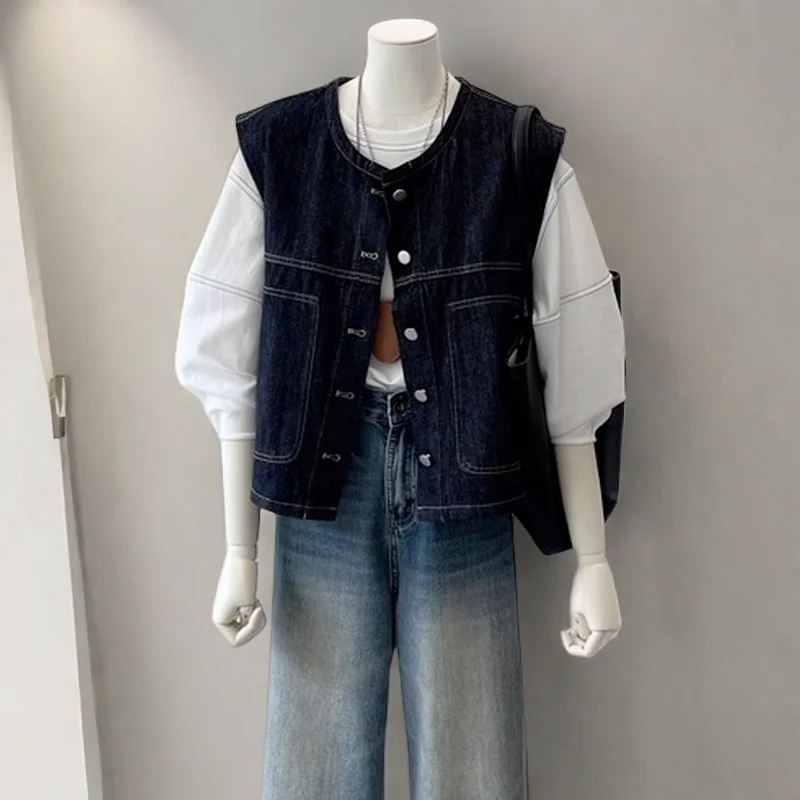 Short Cardigan Denim Vest Women's Fashionable Versatile Small Size Commute Korean Style Loose Fit Pocket round Neck No Sleeve
Short Cardigan Denim Vest Women's Fashionable Versatile Small Size Commute Korean Style Loose Fit Pocket round Neck No Sleeve