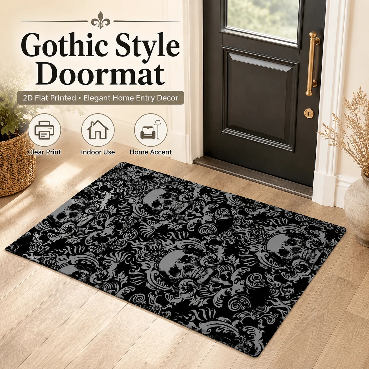 Gothic Skull Doormat 2D Flat Printed Felt Floor Mat Black Baroque Damask Entryway Rug Non-Slip Indoor Front Door Carpet
Gothic Skull Doormat 2D Flat Printed Felt Floor Mat Black Baroque Damask Entryway Rug Non-Slip Indoor Front Door Carpet