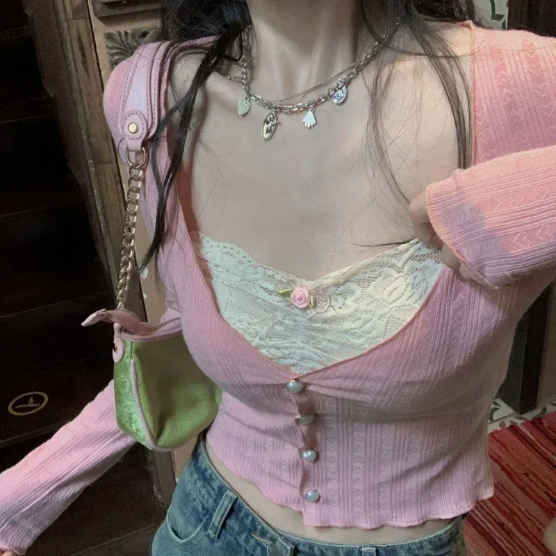 Korean Fashion Crop Top Women Spring Long Sleeve Knitted T-Shirt Ulzzang Sweet Cute Pink Lace Patchwork Slim Y2K Aesthetic Tees
Korean Fashion Crop Top Women Spring Long Sleeve Knitted T-Shirt Ulzzang Sweet Cute Pink Lace Patchwork Slim Y2K Aesthetic Tees