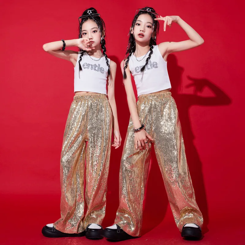 Kid Cool Hip Hop Clothing White Crop Tank Top Gold Sequined Casual Wide Pants for Girls Jazz Dance Costumes Performance Clothes
Kid Cool Hip Hop Clothing White Crop Tank Top Gold Sequined Casual Wide Pants for Girls Jazz Dance Costumes Performance Clothes