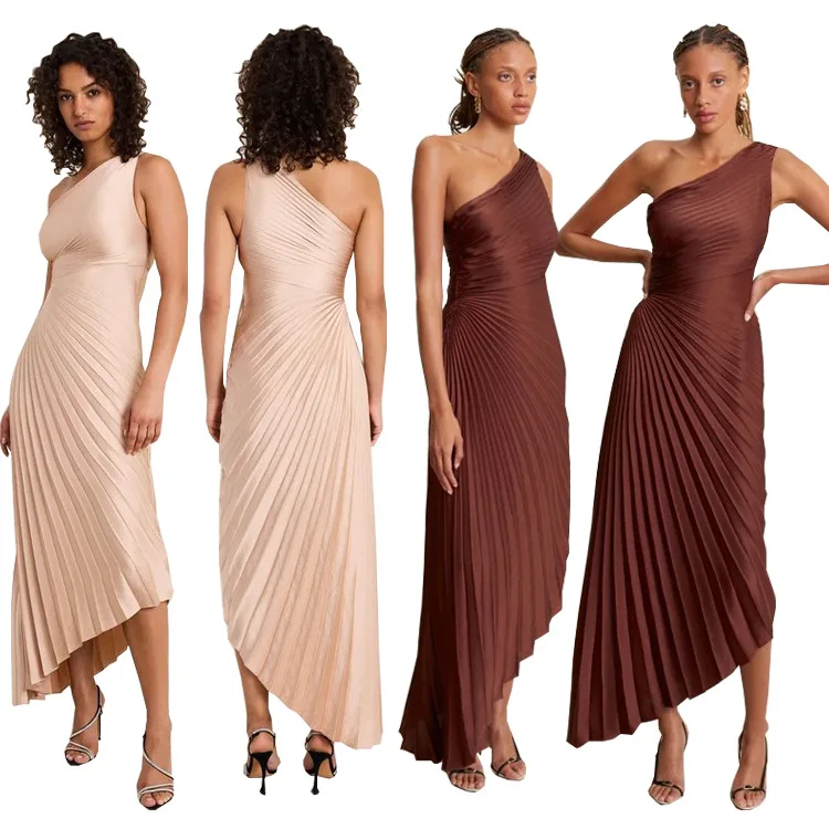 Fashionable One Shoulder Satin Dress Sexy Women's Mid-Length Gown High Waist Pleated Skirt Style Summer Season No Sleeve
Fashionable One Shoulder Satin Dress Sexy Women's Mid-Length Gown High Waist Pleated Skirt Style Summer Season No Sleeve