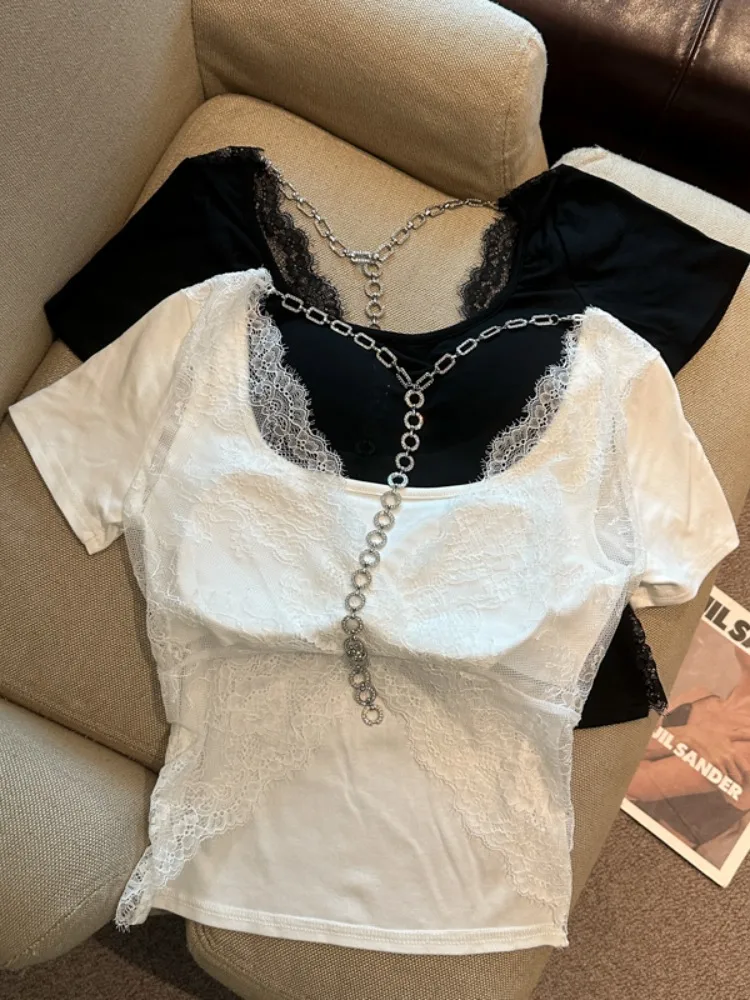 Korean Style U-Neck Slim Fit Elastic T-Shirt with Lace Back Chain Short Sleeve Pad Women's Sexy Knitted Top Citywal...
Korean Style U-Neck Slim Fit Elastic T-Shirt with Lace Back Chain Short Sleeve Pad Women's Sexy Knitted Top Citywal...