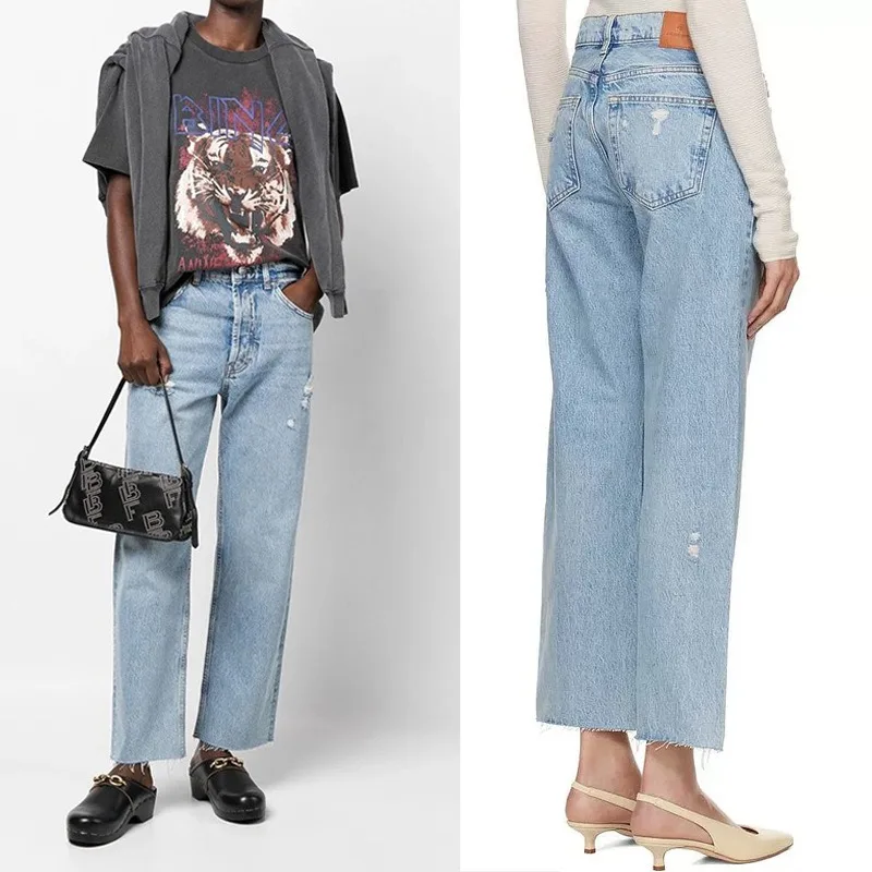 2025 New High Waisted Light Blue Distressed Hole Straight Leg Edge Jeans for Women Ankle-length 
2025 New High Waisted Light Blue Distressed Hole Straight Leg Edge Jeans for Women Ankle-length