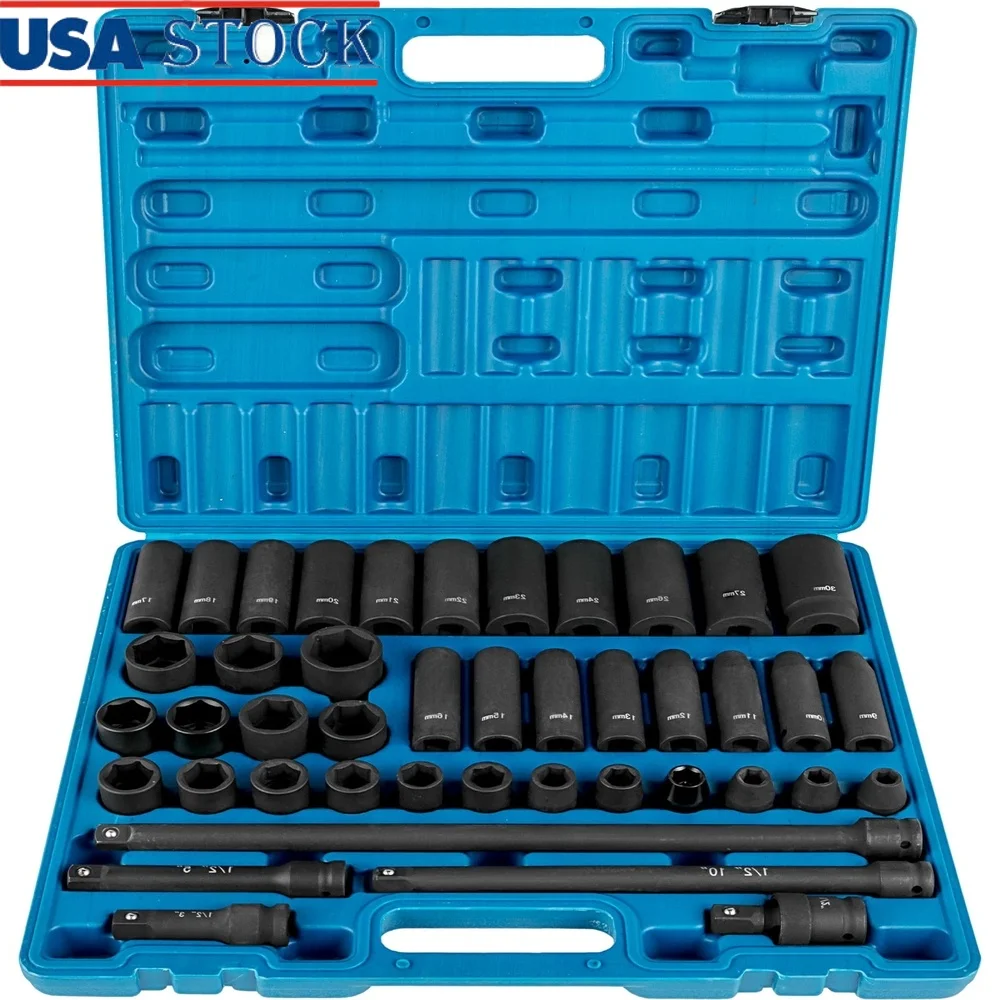 1/2 Inch Chrome Finish Deep Socket Wrench Set 43 Piece Heavy Duty Case CR-V Standard Deep Sockets Extension Bars 9-30mm
1/2 Inch Chrome Finish Deep Socket Wrench Set 43 Piece Heavy Duty Case CR-V Standard Deep Sockets Extension Bars 9-30mm