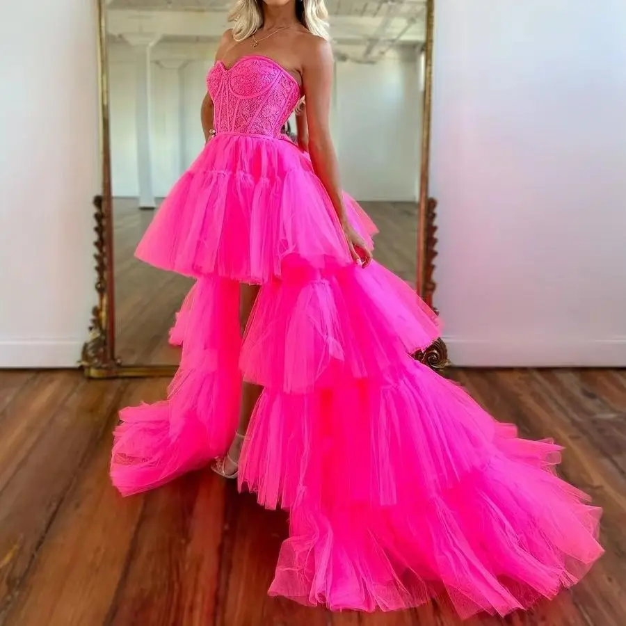 2025 Tulle Train Sweetheart Long Evening Gowns High Low Formal Occasion Dress Beautiful Rose Pink Prom Party Dresses
2025 Tulle Train Sweetheart Long Evening Gowns High Low Formal Occasion Dress Beautiful Rose Pink Prom Party Dresses