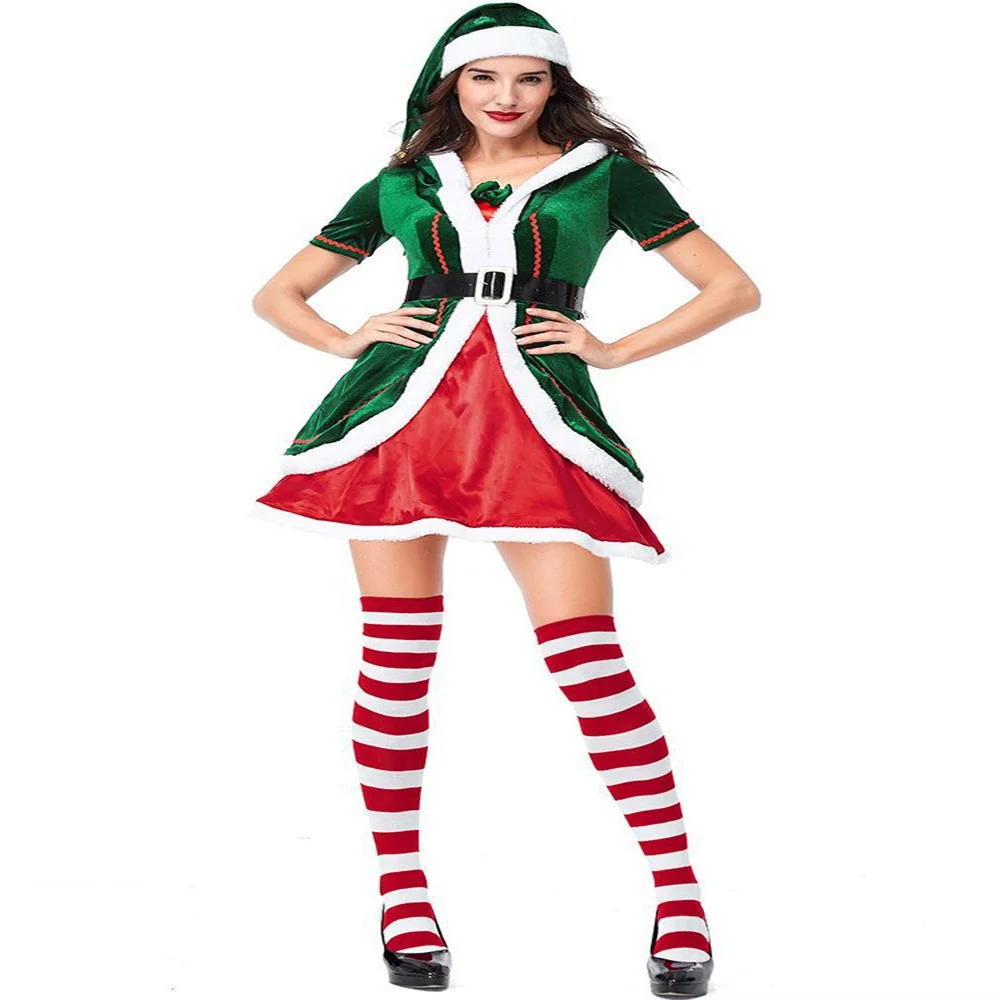 Christmas Carnival Party Performance Costumes Cosplay Green Christmas Elf Dress Velour Female Outfit Santa Hat Four-piece Set
Christmas Carnival Party Performance Costumes Cosplay Green Christmas Elf Dress Velour Female Outfit Santa Hat Four-piece Set