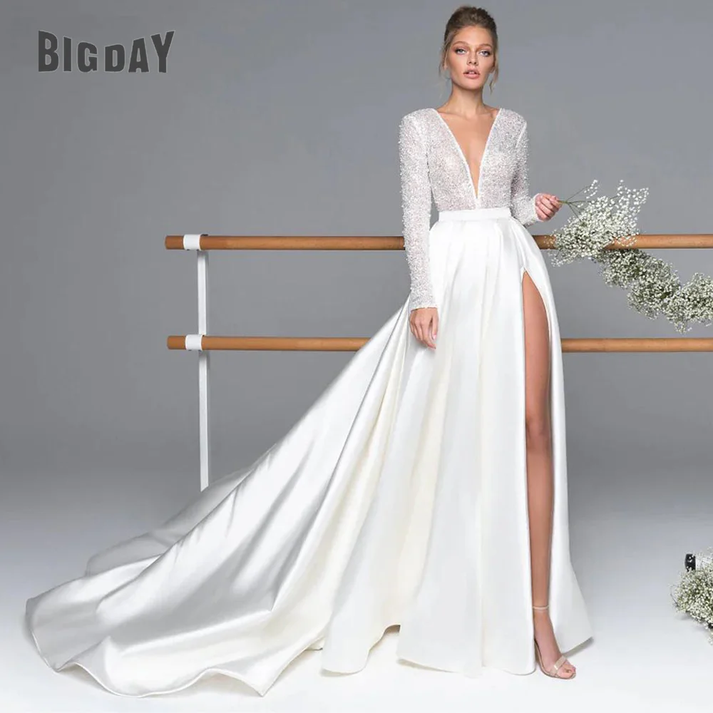 Luxury Long Sleeve Satin Wedding Dress Deep V-Neck Side Split Bridal Party Gown Vestido De Novia Sweep Train Vestidos De Novia
Luxury Long Sleeve Satin Wedding Dress Deep V-Neck Side Split Bridal Party Gown Vestido De Novia Sweep Train Vestidos De Novia