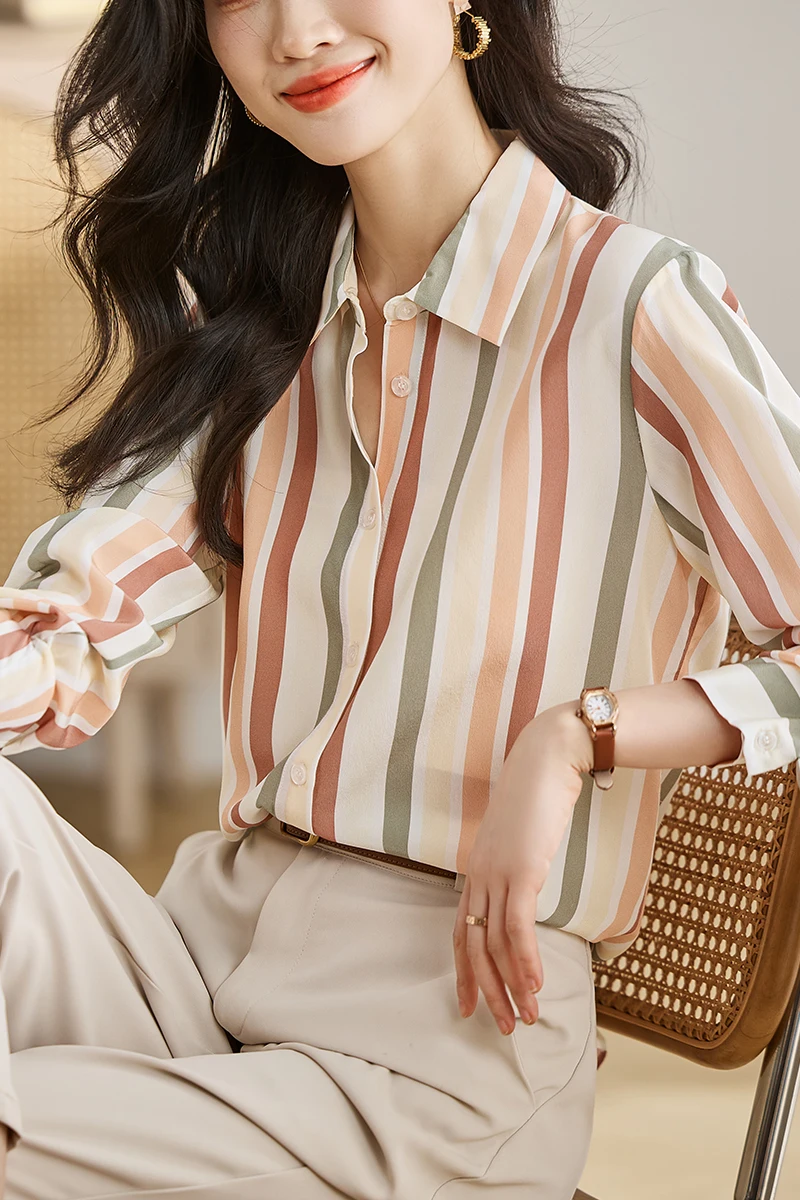 2023 Autumn Colorful Striped Silk Women Satin Shirt Korea Vintage Contrast Color Blouse Ladies Tops Button Up Long Sleeve Shirts
2023 Autumn Colorful Striped Silk Women Satin Shirt Korea Vintage Contrast Color Blouse Ladies Tops Button Up Long Sleeve Shirts