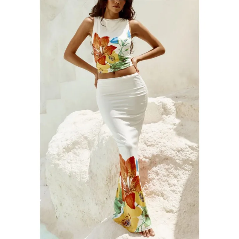 Women's Two Pieces Set Spring/Summer New Printed Sleeveless Skirt Two Piece Set For Leisure Vacation Women's Long Skirt Set
Women's Two Pieces Set Spring/Summer New Printed Sleeveless Skirt Two Piece Set For Leisure Vacation Women's Long Skirt Set