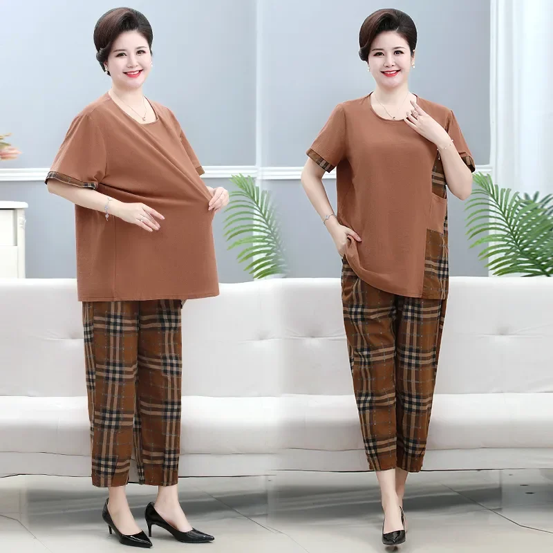 Women Linen Patchwork Two Piece Outfit Loose Plus Size Short Sleeve Top Plaid Cropped Pants Summer Casual Mom Suit
Women Linen Patchwork Two Piece Outfit Loose Plus Size Short Sleeve Top Plaid Cropped Pants Summer Casual Mom Suit