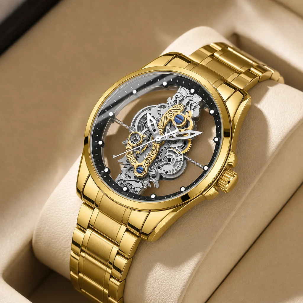 1pcs Men's gold dial alloy strap vintage fashion open heart skeleton details Quartz Watch for daily business party holiday
1pcs Men's gold dial alloy strap vintage fashion open heart skeleton details Quartz Watch for daily business party holiday