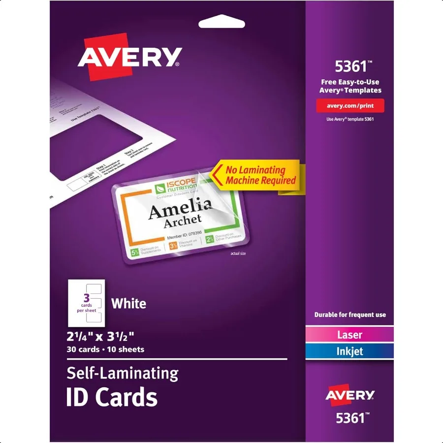 Customizable SelfLaminating ID Cards 2.25 x 3.5 White Printable Inserts 30 Laminated ID Cards 5361
Customizable SelfLaminating ID Cards 2.25 x 3.5 White Printable Inserts 30 Laminated ID Cards 5361