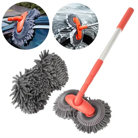 2pcs Set Of Car Washer Mop Foam Wash Brush Double Brush Head Roof Window Cleaning Maintenance Three-Section Telescopic Mop Car Accessories