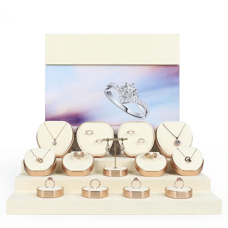 Beige and white microfiber metal jewelry window display props Necklace bracelet earrings ring jewelry display stand
Beige and white microfiber metal jewelry window display props Necklace bracelet earrings ring jewelry display stand