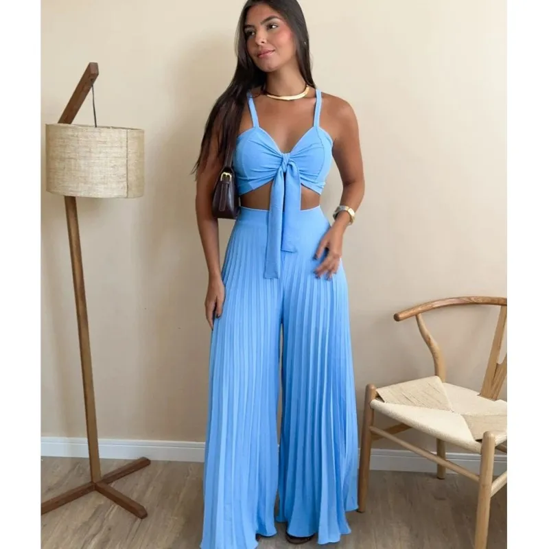 Summer Sexy Sling Vest 2 Piece Sets Womens Outfits 2025 New Bow Lace-up Tops And Loose Wide Leg Pleated Pant Holiday Beach Set
Summer Sexy Sling Vest 2 Piece Sets Womens Outfits 2025 New Bow Lace-up Tops And Loose Wide Leg Pleated Pant Holiday Beach Set