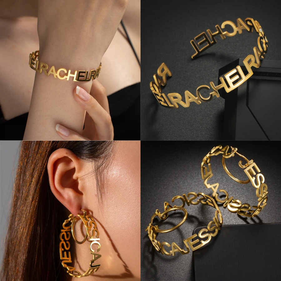 Acheerup Personalized Name Bracelet 50mm Earrings for Women Stainless Steel Custom Letters Cuff Bangle Jewelry Set Birthday Gift
Acheerup Personalized Name Bracelet 50mm Earrings for Women Stainless Steel Custom Letters Cuff Bangle Jewelry Set Birthday Gift