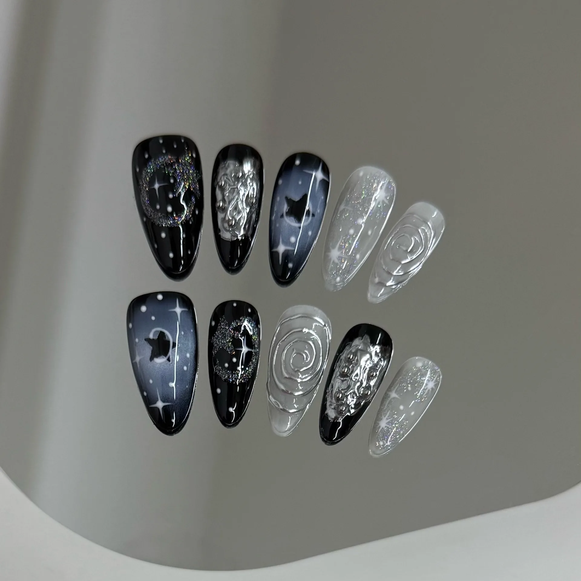 10Pcs Handmade Press on Nails Dark Star Language Threaded Colorful False Nail for Women&Girl Flashing Detachable Wearable Nail
10Pcs Handmade Press on Nails Dark Star Language Threaded Colorful False Nail for Women&Girl Flashing Detachable Wearable Nail