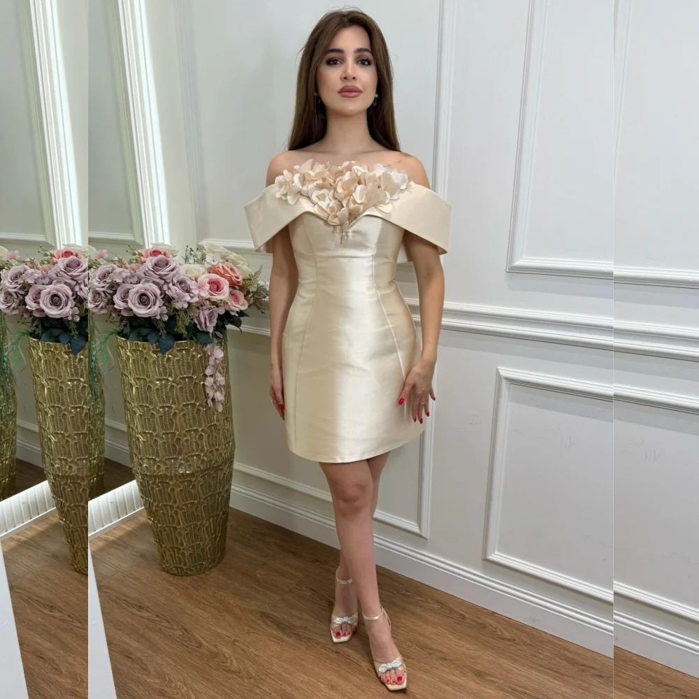 Customized Intricate Matching Charmeuse Flower A-line Off-the-shoulder Knee Length Dresses Bespoke Occasion Formal 
Customized Intricate Matching Charmeuse Flower A-line Off-the-shoulder Knee Length Dresses Bespoke Occasion Formal