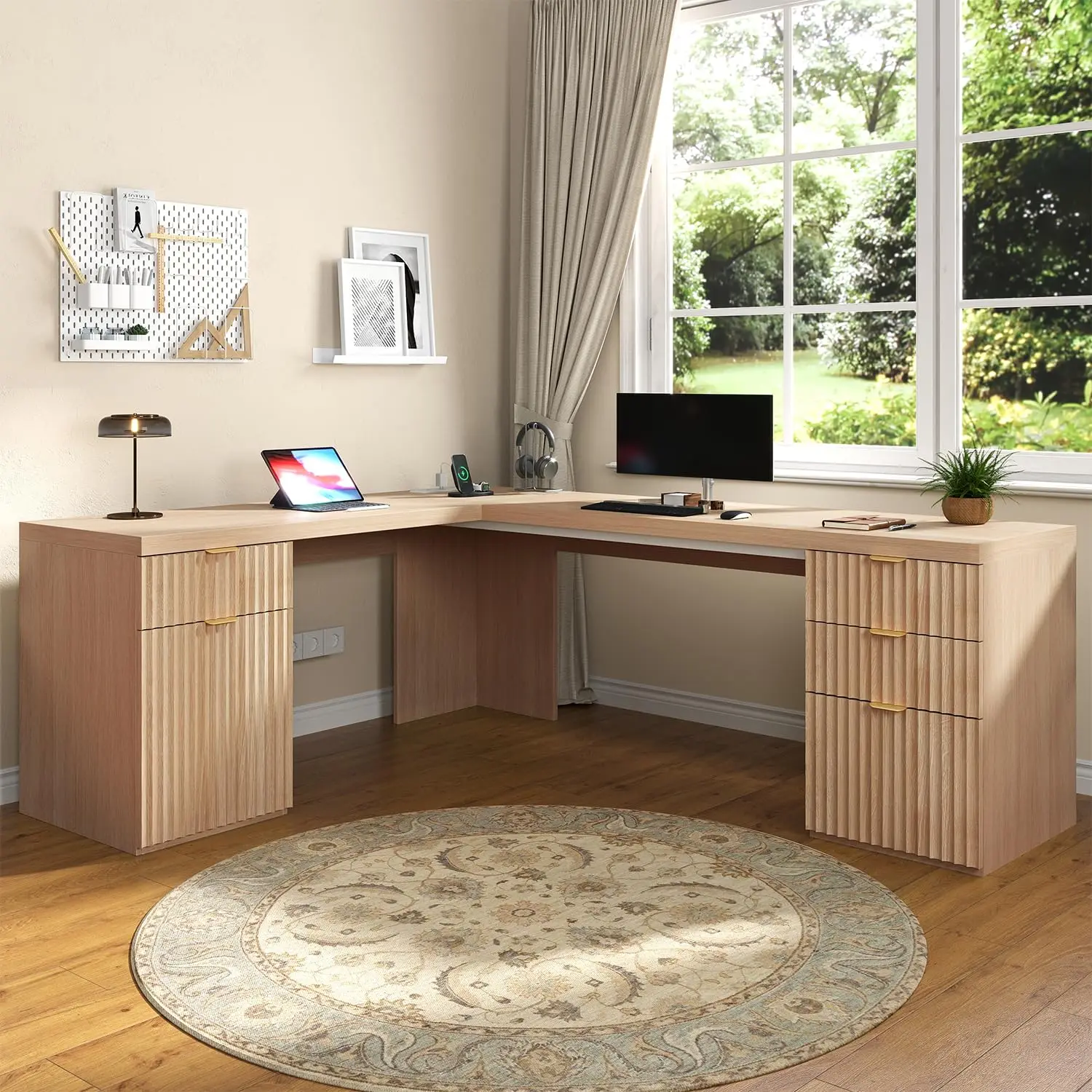 69" L Shaped Executive Desk Charging Station File Drawer Storage Cabinet Corner Computer Desk Oak, Customized
69" L Shaped Executive Desk Charging Station File Drawer Storage Cabinet Corner Computer Desk Oak, Customized