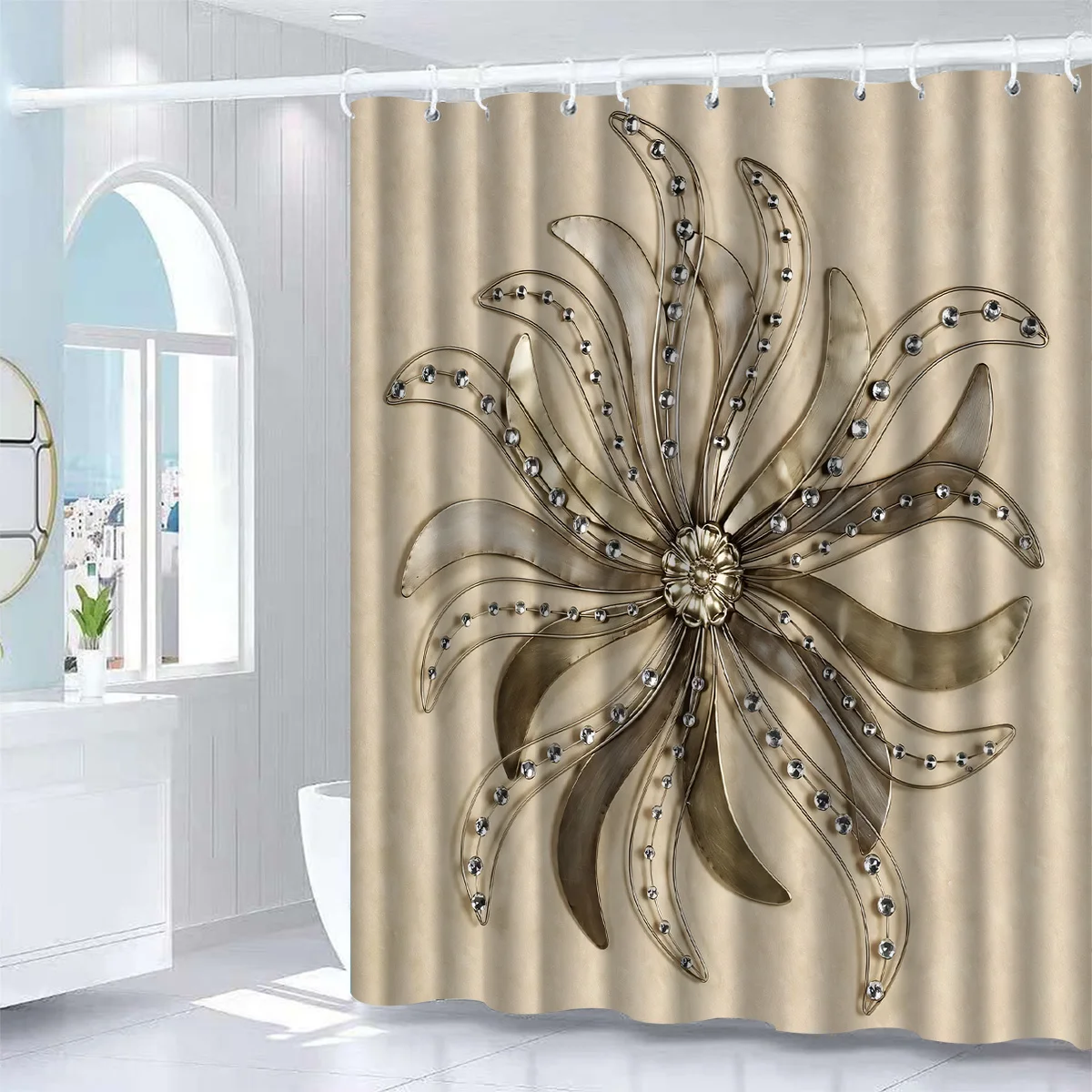 Elegant Floral Shower Curtain, Golden Starburst Design, Sparkling Accents, Perfect for Modern Bathroom Decor
Elegant Floral Shower Curtain, Golden Starburst Design, Sparkling Accents, Perfect for Modern Bathroom Decor