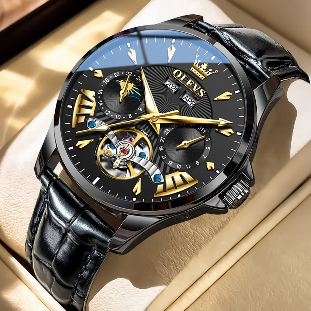 OLEVS 7103 Mechanical Watch Men Leather Strap Calendar Window Moon Phase Night Light Function 30m Waterproof Watch For Men
OLEVS 7103 Mechanical Watch Men Leather Strap Calendar Window Moon Phase Night Light Function 30m Waterproof Watch For Men