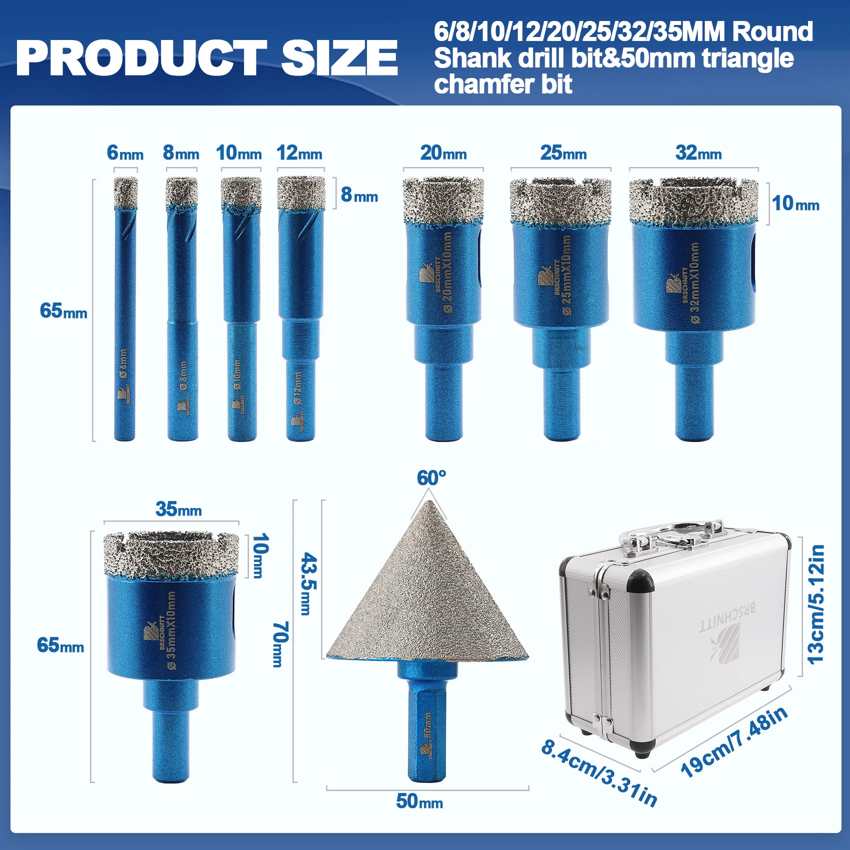 BRSCHNITT 9pcs Diamond Drill Bit Chamfer Bit for Tile Marble Ceramic Pocelain With Round Shank 6-35mm Hole Saw Drill Core Bit
BRSCHNITT 9pcs Diamond Drill Bit Chamfer Bit for Tile Marble Ceramic Pocelain With Round Shank 6-35mm Hole Saw Drill Core Bit