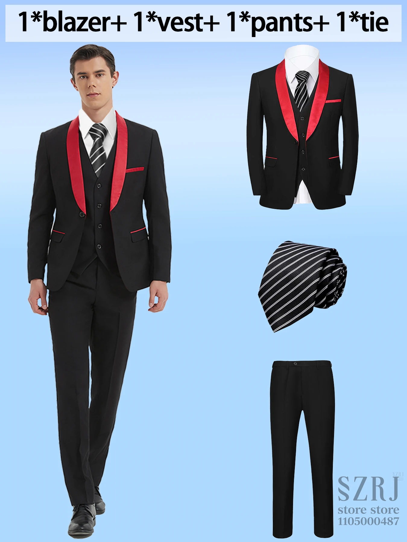 4pcs Men's Suit: Blazer, Vest, Pants, Black Tie. One Button, Plain Color Tuxedo. Regular Fit. For Wedding, Groomsman Attire.
4pcs Men's Suit: Blazer, Vest, Pants, Black Tie. One Button, Plain Color Tuxedo. Regular Fit. For Wedding, Groomsman Attire.