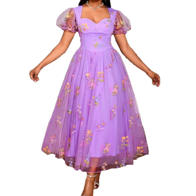 Женские тюлевые фиолетовые платья с цветочной вышивкой и вышивкой в форме сердца, элегантные с короткими рукавами для вечеринки, дома, мероприятия, новинка 
Женские тюлевые фиолетовые платья с цветочной вышивкой и вышивкой в форме сердца, элегантные с короткими рукавами для вечеринки, дома, мероприятия, новинка