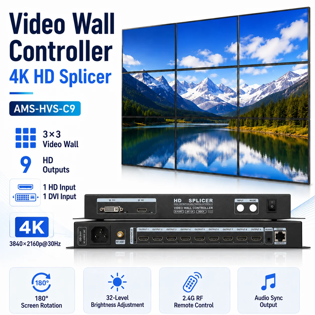 C4 C9 4K video wall splicer 1X2 1X3 1X4 2x2 2x3 3x2 4X2 2X4 3x3 TV Video Wall Controller LED LCD multi video Screens Processor
C4 C9 4K video wall splicer 1X2 1X3 1X4 2x2 2x3 3x2 4X2 2X4 3x3 TV Video Wall Controller LED LCD multi video Screens Processor