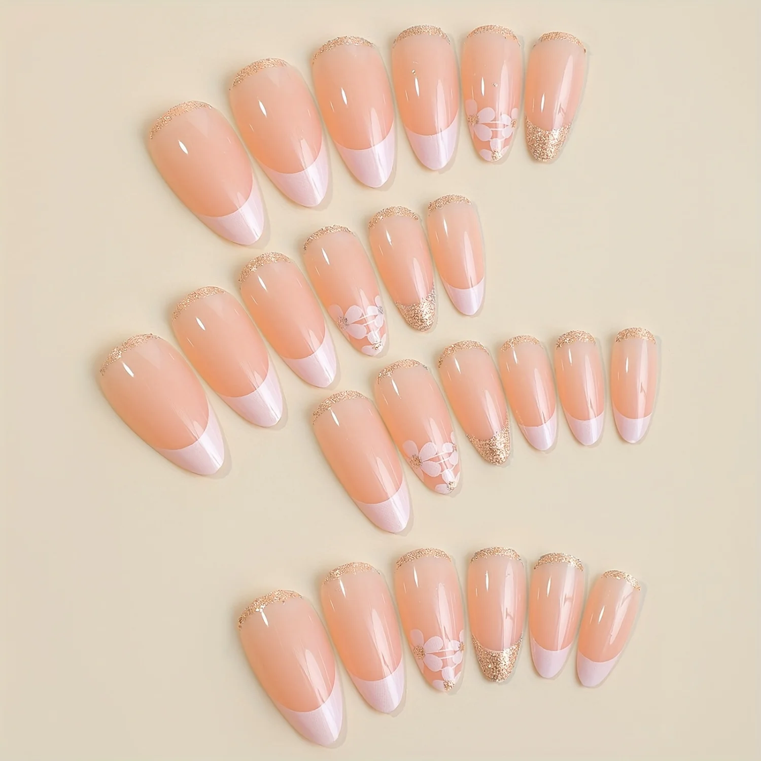 24 Pcs/set DIY Full Cover French Tip Press on Nails Flower Fake Nails Medium False Nails with Glitter Designs Almond Acrylic Nai
24 Pcs/set DIY Full Cover French Tip Press on Nails Flower Fake Nails Medium False Nails with Glitter Designs Almond Acrylic Nai