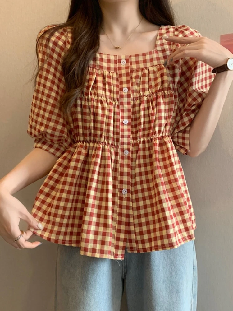 Slimming Plaid Bubble Sleeve Shirt Women's Summer New Style plus Size Square Collar Short Sleeve Korean Version Loose Fit
Slimming Plaid Bubble Sleeve Shirt Women's Summer New Style plus Size Square Collar Short Sleeve Korean Version Loose Fit