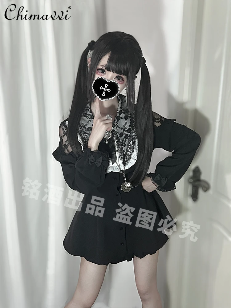 Mine Y2k Subculture Women's Lace Edge Long-sleeved Black Dress Set Lolita Slim Dress Top and Shorts Japanese Girls 2-piece Set
Mine Y2k Subculture Women's Lace Edge Long-sleeved Black Dress Set Lolita Slim Dress Top and Shorts Japanese Girls 2-piece Set