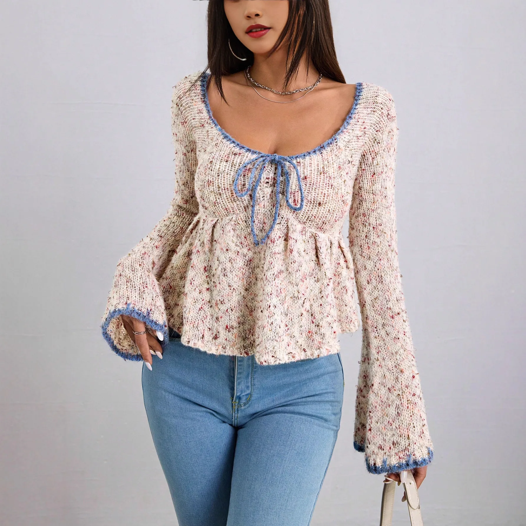 Winter Clothes Woman Pulls Femmes Elegant Fashion Trendy Sweater Temperament Sweet V-neck Lace-up Flared Sleeve Knitted Loose
Winter Clothes Woman Pulls Femmes Elegant Fashion Trendy Sweater Temperament Sweet V-neck Lace-up Flared Sleeve Knitted Loose