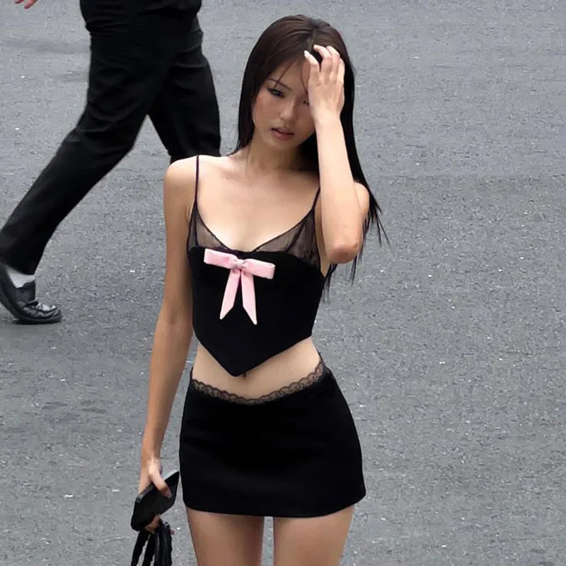 Women 2 Piece Skirt Set Sexy Bow Camisole with Lace Patchwork Mini Bodycon Skirt Summer Outfit for Party Club Street Japan Style
Women 2 Piece Skirt Set Sexy Bow Camisole with Lace Patchwork Mini Bodycon Skirt Summer Outfit for Party Club Street Japan Style