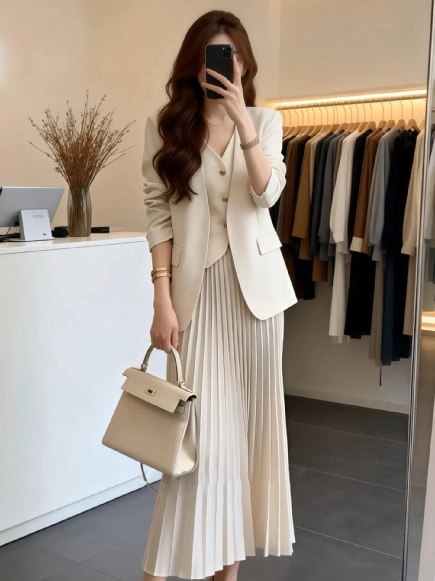 Elegant Commuter Style Women's Suit Vest And Skirt Set Beige Plaid Fashionable Three-Piece Ensemble Breathable Polyester Fiber
Elegant Commuter Style Women's Suit Vest And Skirt Set Beige Plaid Fashionable Three-Piece Ensemble Breathable Polyester Fiber