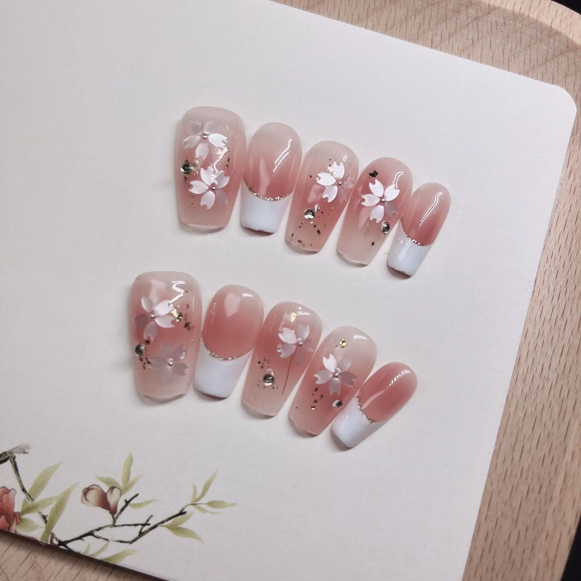 10Pcs Handmade Press On Nails Cherry Blossom French Halo Fake Nail Medium Length Ladder Removable Wearable Nail for Women&Girl
10Pcs Handmade Press On Nails Cherry Blossom French Halo Fake Nail Medium Length Ladder Removable Wearable Nail for Women&Girl