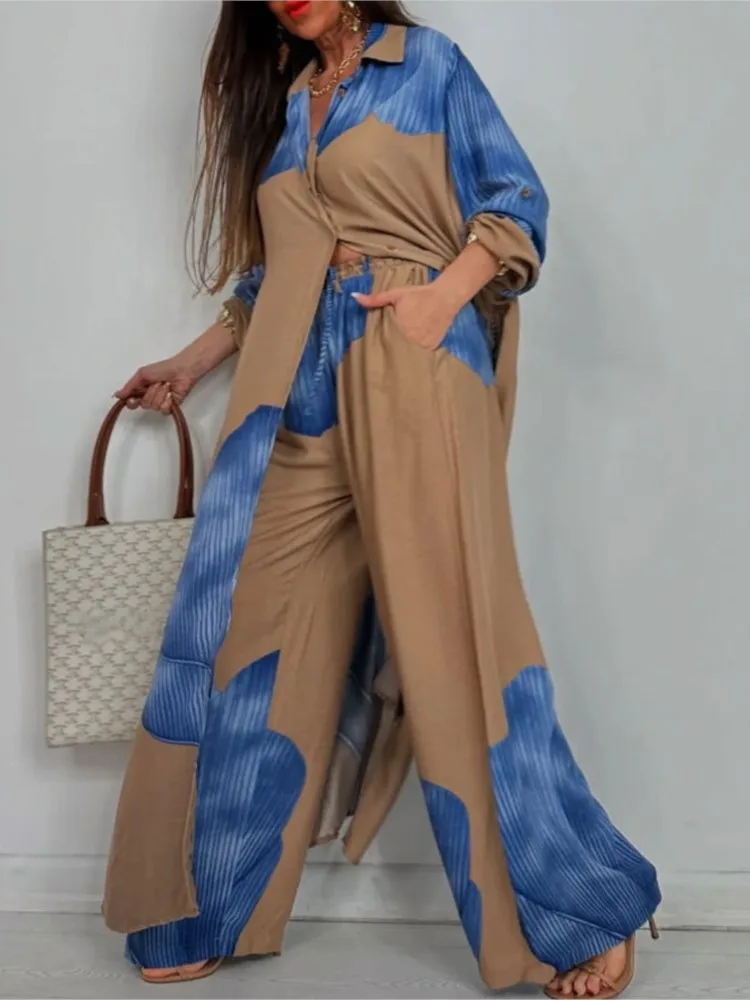 Spring Fashion Patchwork Printed Set Women Lapel Long Sleeve Single Breasted Top & Wide Leg Pants Casual Loose Two Piece Sets
Spring Fashion Patchwork Printed Set Women Lapel Long Sleeve Single Breasted Top & Wide Leg Pants Casual Loose Two Piece Sets