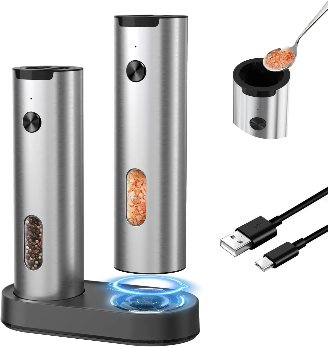 Electric Salt and Pepper Grinder Set, Stainless Steel Rechargeable Pepper Mill Set with Charging Base, 110ML Top-Fill
Electric Salt and Pepper Grinder Set, Stainless Steel Rechargeable Pepper Mill Set with Charging Base, 110ML Top-Fill
